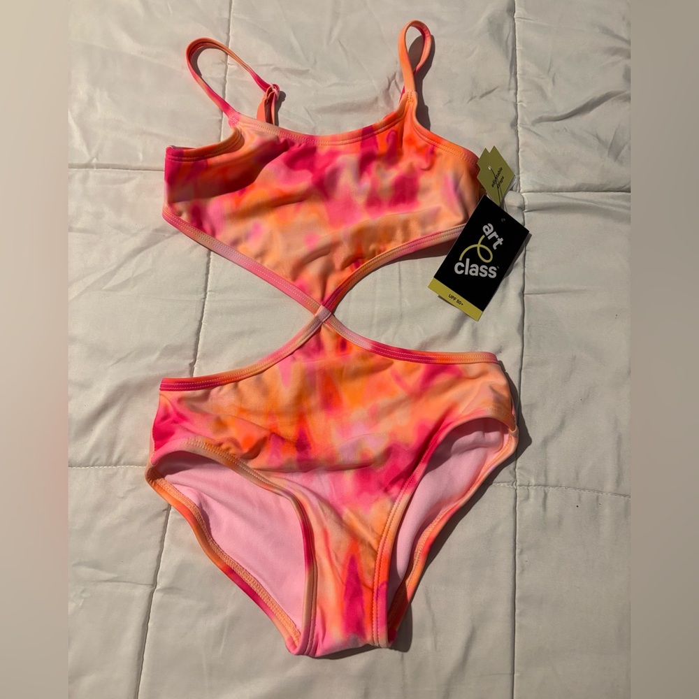NEW Art Class Girl's Swim Wear One-piece Multi Colored/orange and pink Small 6/7